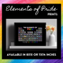 At the center of the image is our Elements of Pride Periodic Table. You can purchase them in 8x10 or 11x14 inches. The print is sitting on a white shelf with a vase with yellow flowers. 