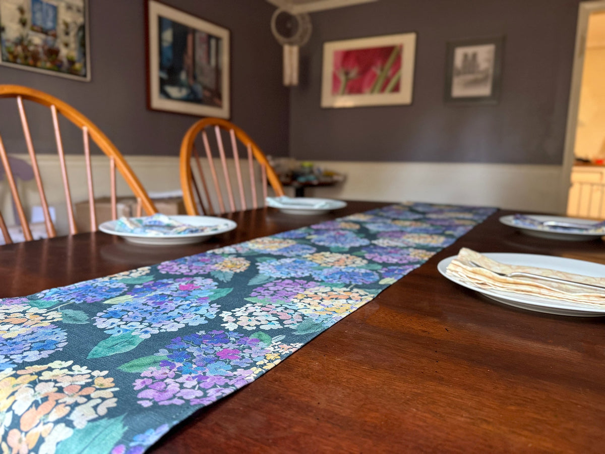 endless hydrangea linen table runner