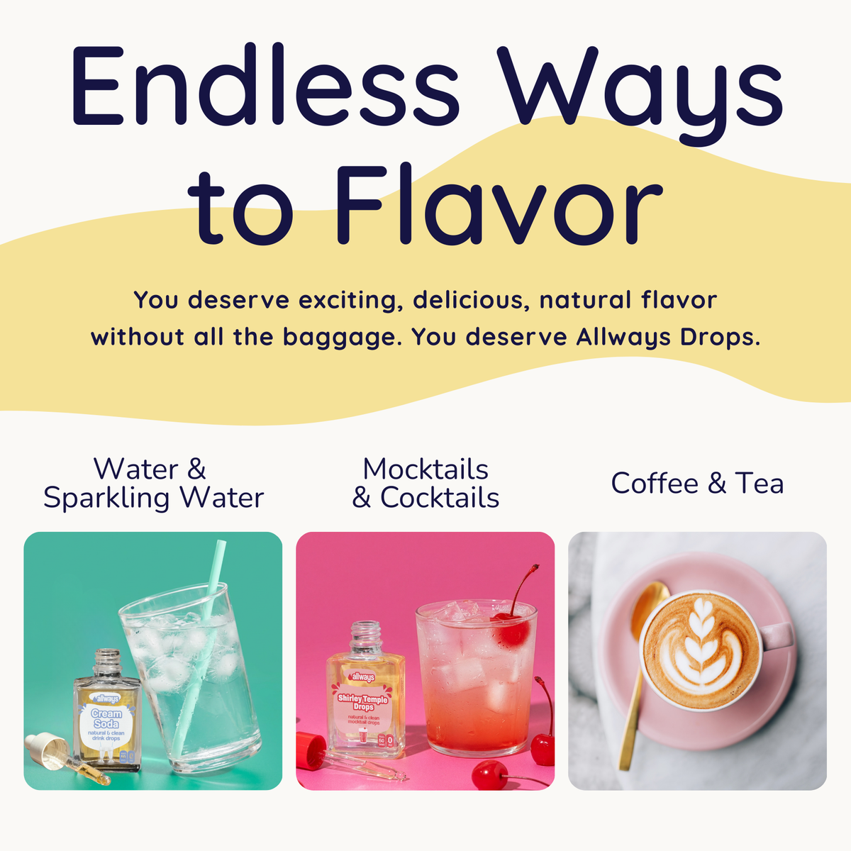 Advertisement for Allways Drops with images of drinks and text about flavor options.
