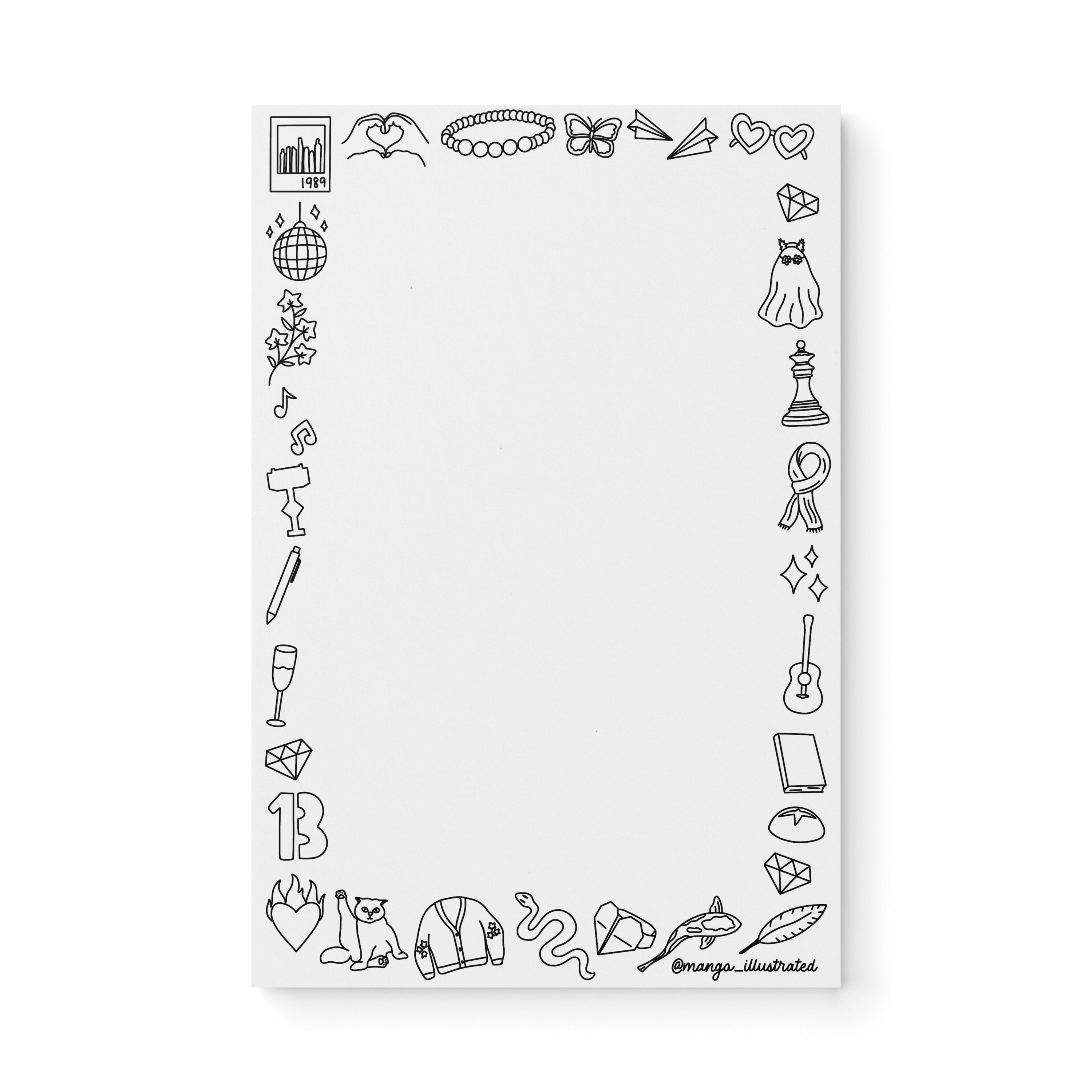 Eras doodles color-in notepad — coloring and note-taking notepad with music era doodles by MangoIllustrated