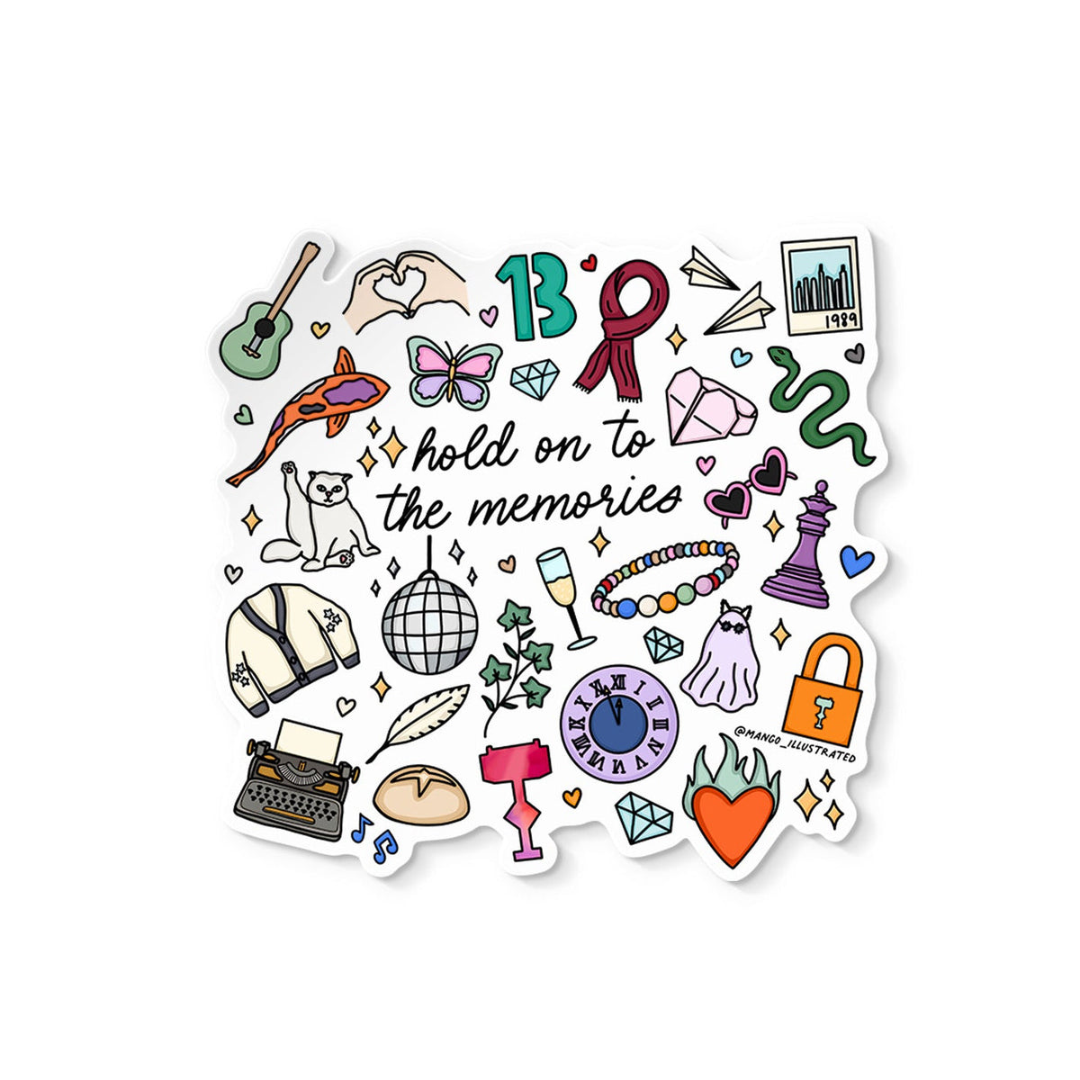 Eras Doodles illustrated sticker — hand drawn music era doodles with hold on to the memories lyric by MangoIllustrated