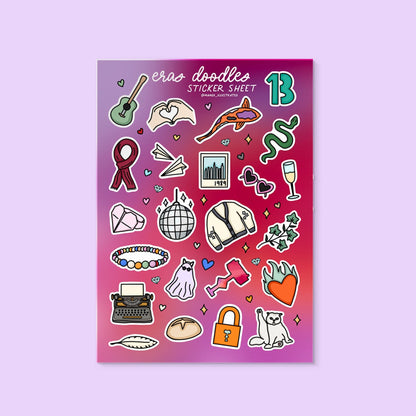 Eras Doodles sticker sheet flat lay — music era illustrated sticker pack by MangoIllustrated