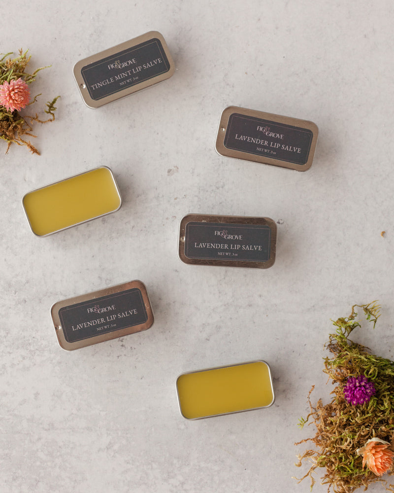 Fig &amp; Grove Lavender Lip Salve in aluminum tin, natural beeswax lip balm with olive oil and mango butter.