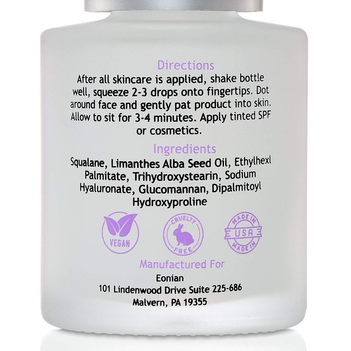 Hydrating finishing face serum for all-day hydration and luminous skin from Eonian Skincare showing ingredient List/Back of Bottle View