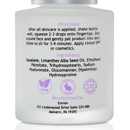 Hydrating finishing face serum for all-day hydration and luminous skin from Eonian Skincare showing ingredient List/Back of Bottle View