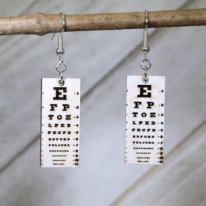 Hand-painted wooden eye chart dangle earrings with optometrist vision test design and hypoallergenic sterling silver hooks, lightweight medical statement jewelry earrings for eye doctors, nurses, and healthcare professionals