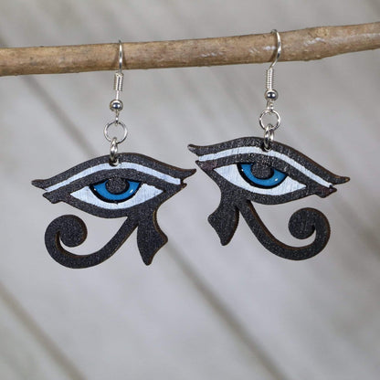 Hand-painted wooden Eye of Horus dangle earrings with Egyptian symbol design and hypoallergenic sterling silver hooks, lightweight ancient Egypt statement jewelry earrings for history and spiritual style