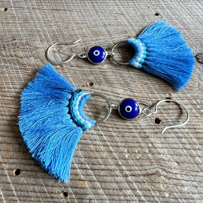 SariBlue® Shades of Mavi Tassel Earrings with Evil Eye