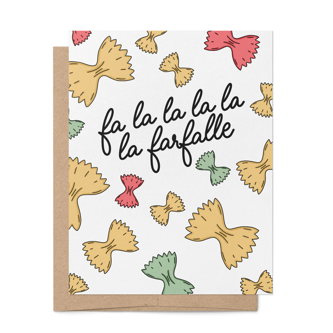 Fa La La Farfalle Pasta Holiday Card — hand drawn red and green farfalle with hand lettered greeting, A2 4.25 x 5.5 in folded card, by MangoIllustrated