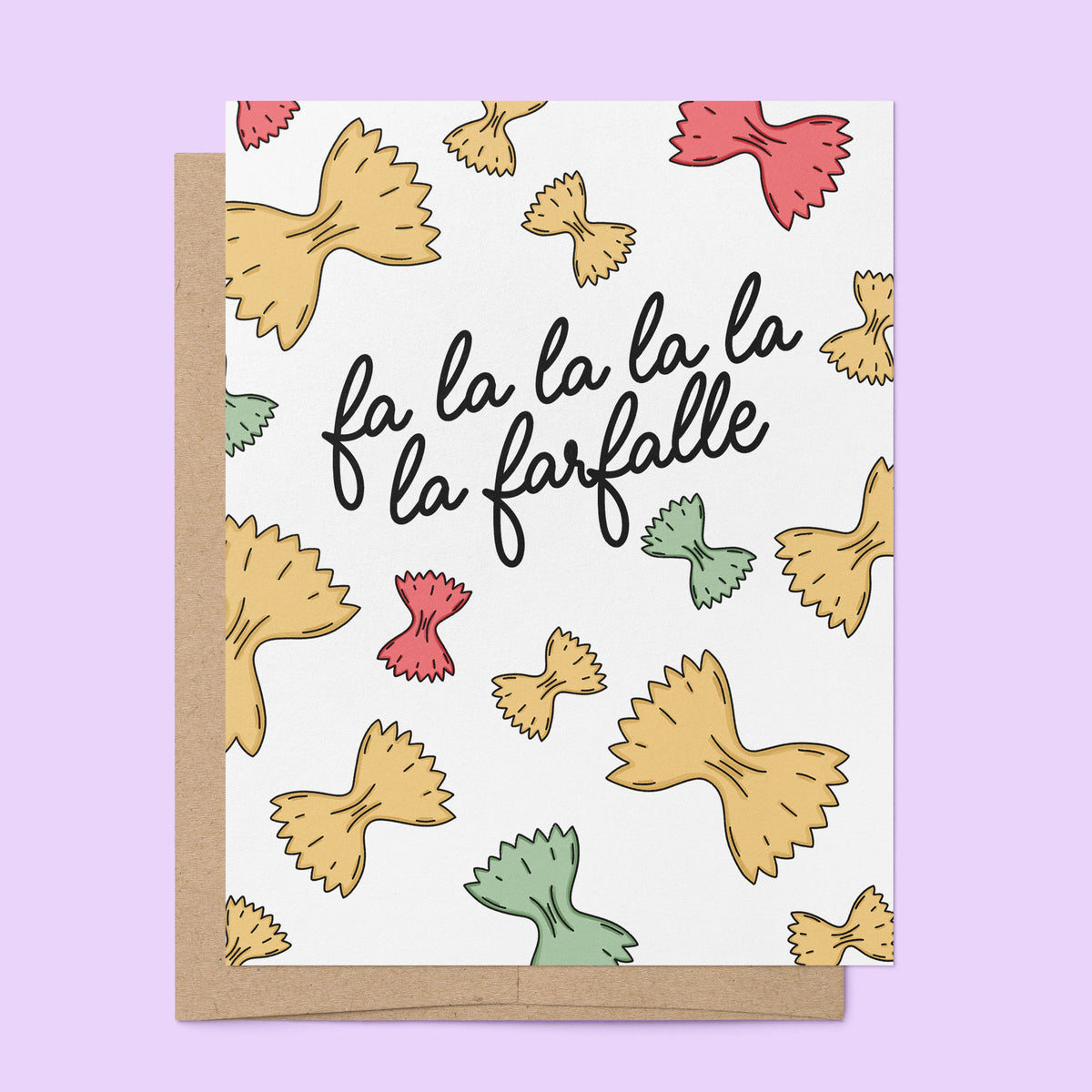 Fa La La Farfalle Pasta Holiday Card flat lay — foodie Christmas card for pasta lovers by indie artist MangoIllustrated