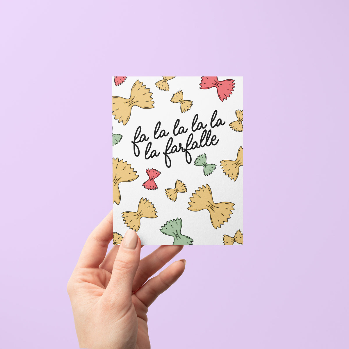 Fa La La Farfalle Pasta Holiday Card detail — hand lettered pasta pun holiday greeting by indie artist MangoIllustrated
