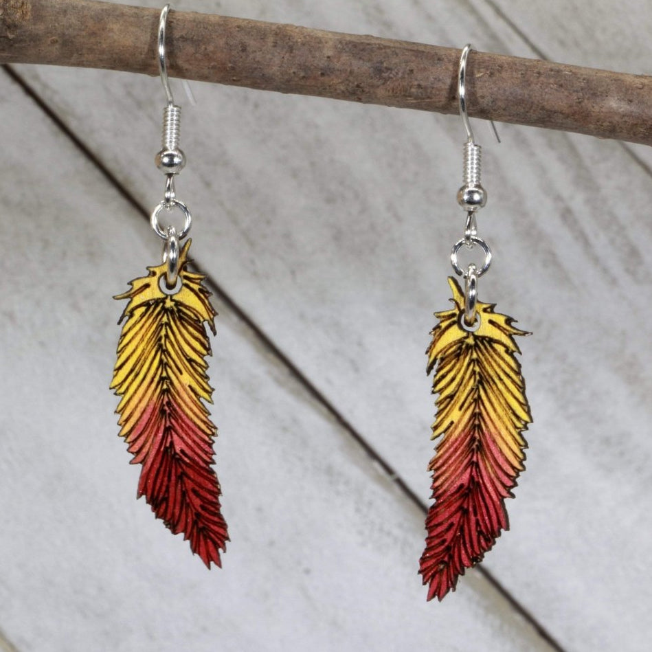 Hand-painted wooden feather dangle earrings with red and yellow boho design and hypoallergenic sterling silver hooks, lightweight feather statement jewelry earrings for free-spirited festival style