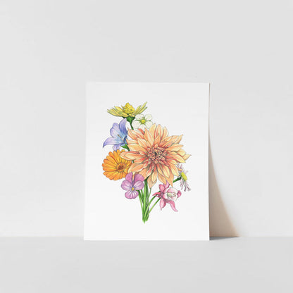 An art print of a bouquet of colorful wildflowers, featuring a watercolor and pencil drawing by artist Heather S Vitticore, with a white border and signed in pencil at the bottom right corner.