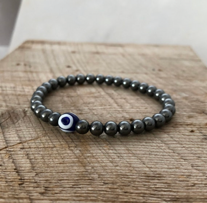SariBlue® Hematite and Evil Eye Bracelet with Pewter Paw Print Charm