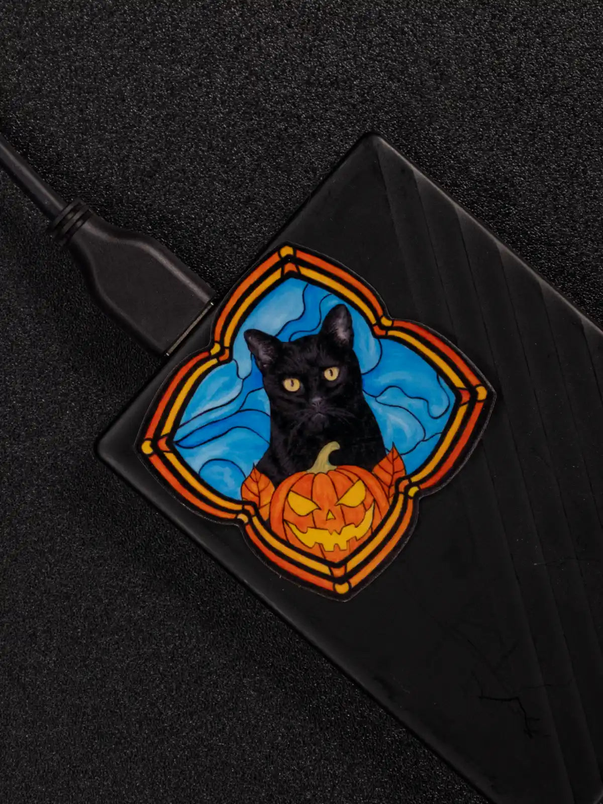 Stained Glass Black Cat Halloween Sticker or Magnet
