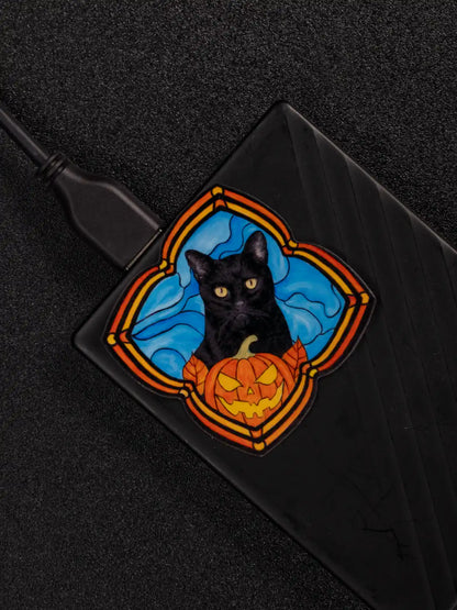 Stained Glass Black Cat Halloween Sticker or Magnet