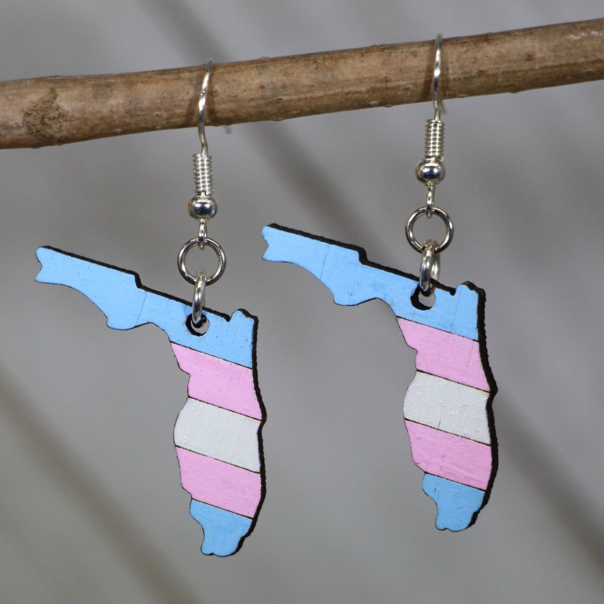 and-painted wooden Florida bi pride dangle earrings with bisexual flag inspired state design and hypoallergenic sterling silver hooks, lightweight LGBTQ statement jewelry earrings for Florida pride and inclusive everyday style