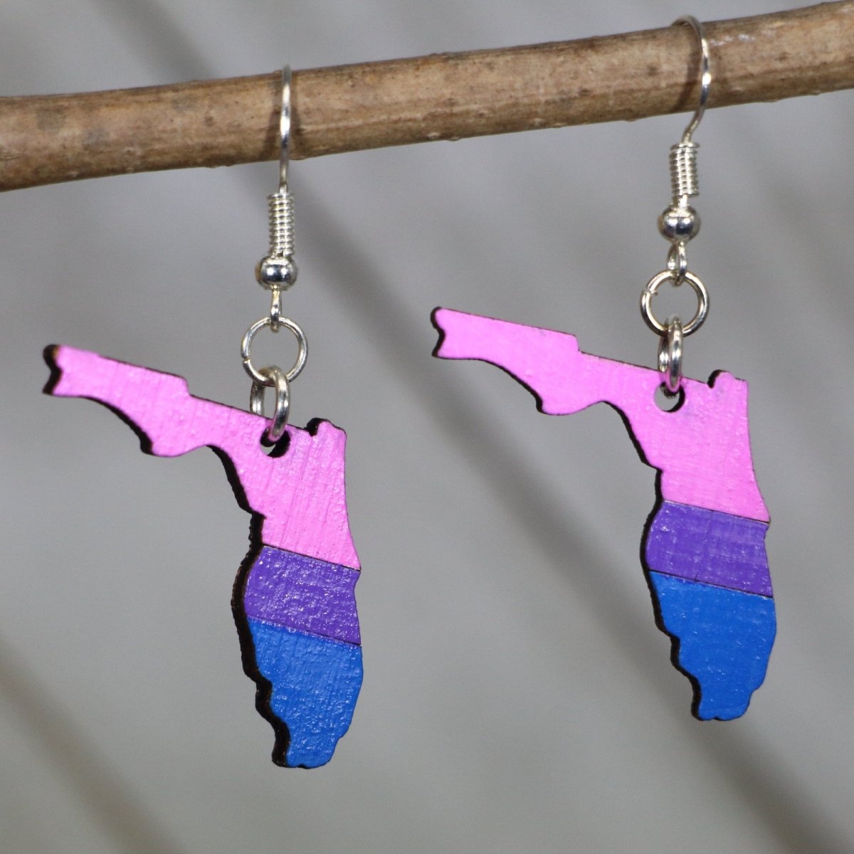 Hand-painted wooden Florida bisexual pride dangle earrings with bisexual flag inspired state design and hypoallergenic sterling silver hooks, lightweight LGBTQ statement jewelry earrings for Florida pride and inclusive style