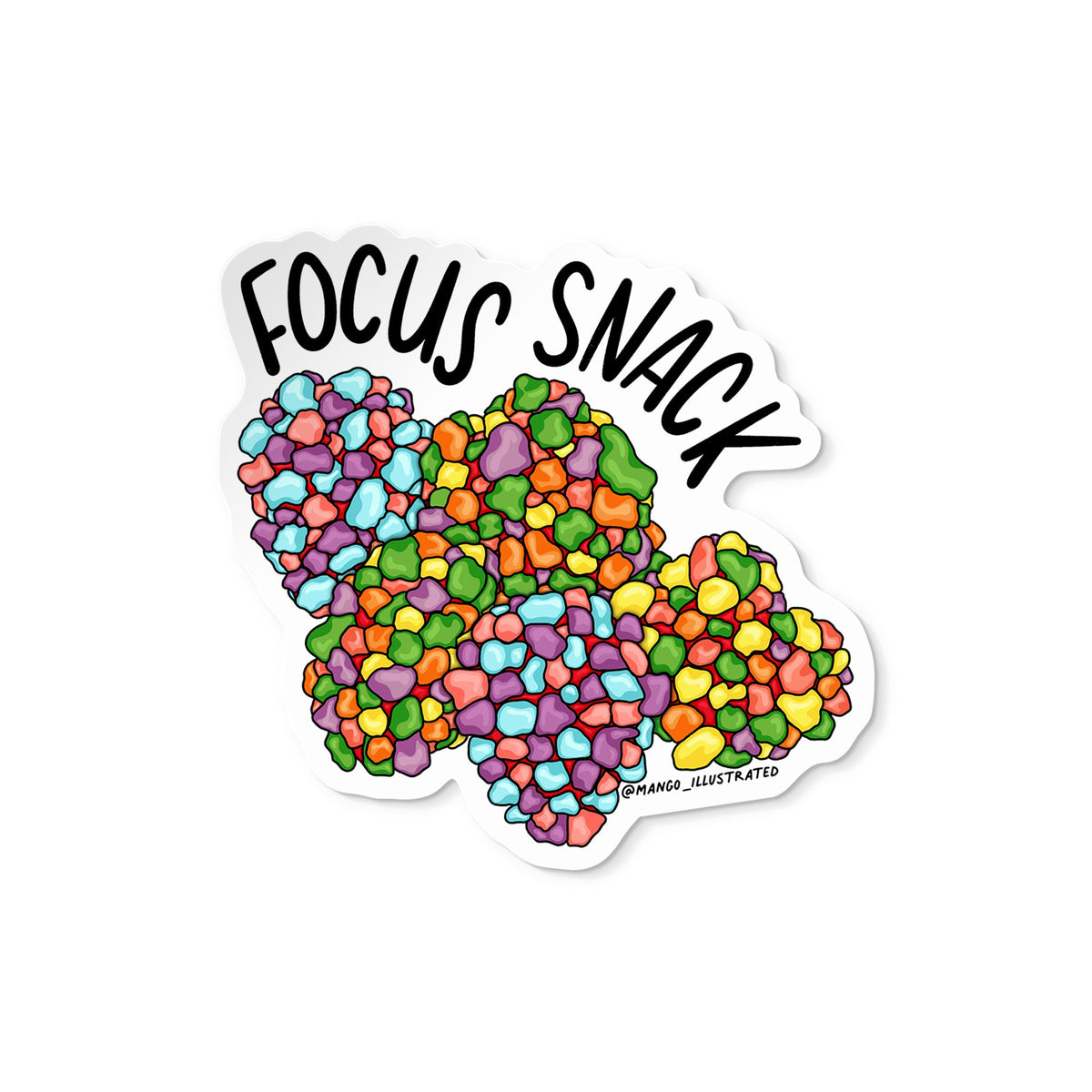 Focus Snack ADHD Illustrated Sticker — hand drawn nerds gummy candies with the hand lettered phrase focus snack, approximately 3 in x 3 in, by MangoIllustrated