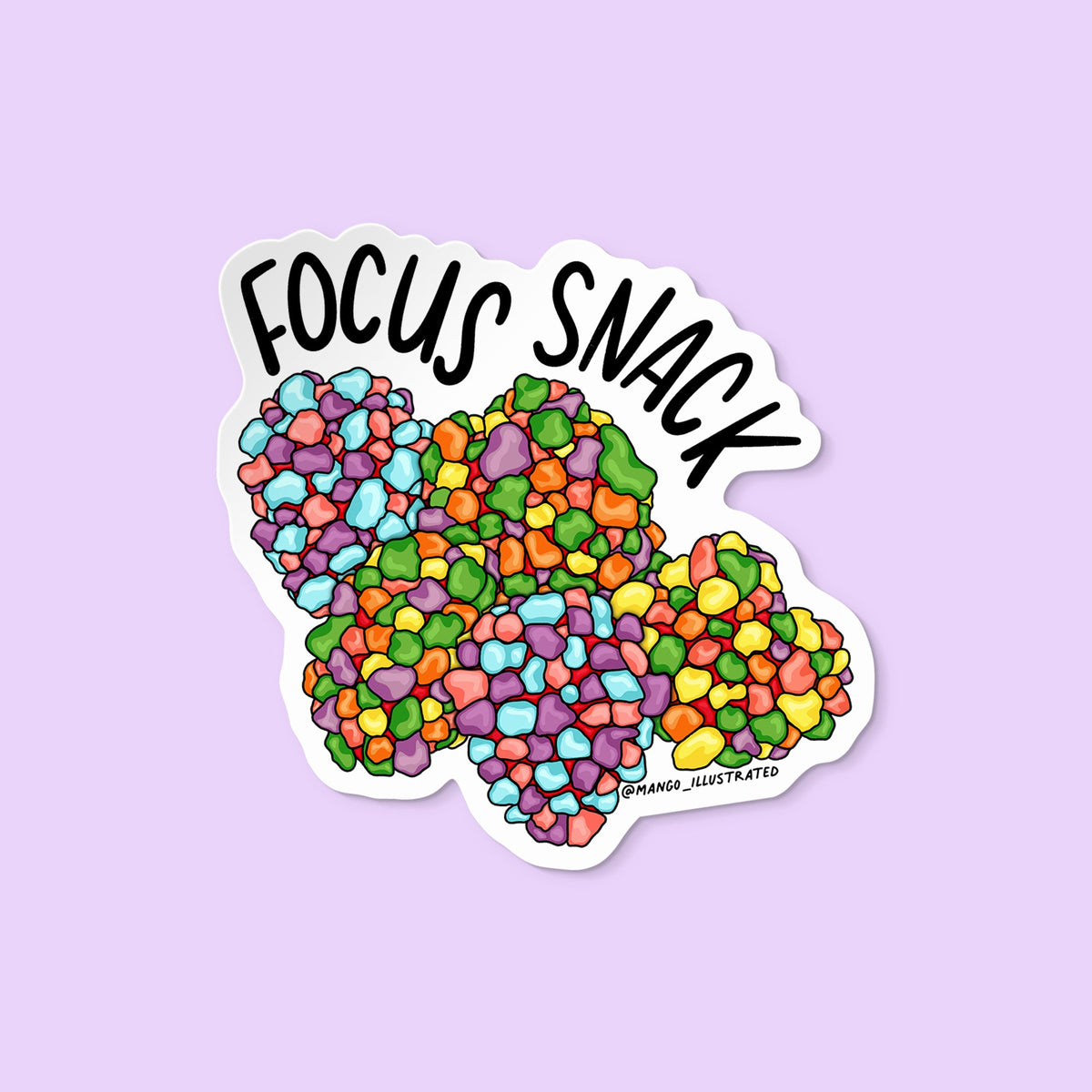 Focus Snack sticker cutout — neurodivergent ADHD vinyl sticker for laptops and planners by indie artist MangoIllustrated