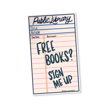 Free Books Library Card sticker — hand drawn library card illustration, 3 inch vinyl sticker, by MangoIllustrated