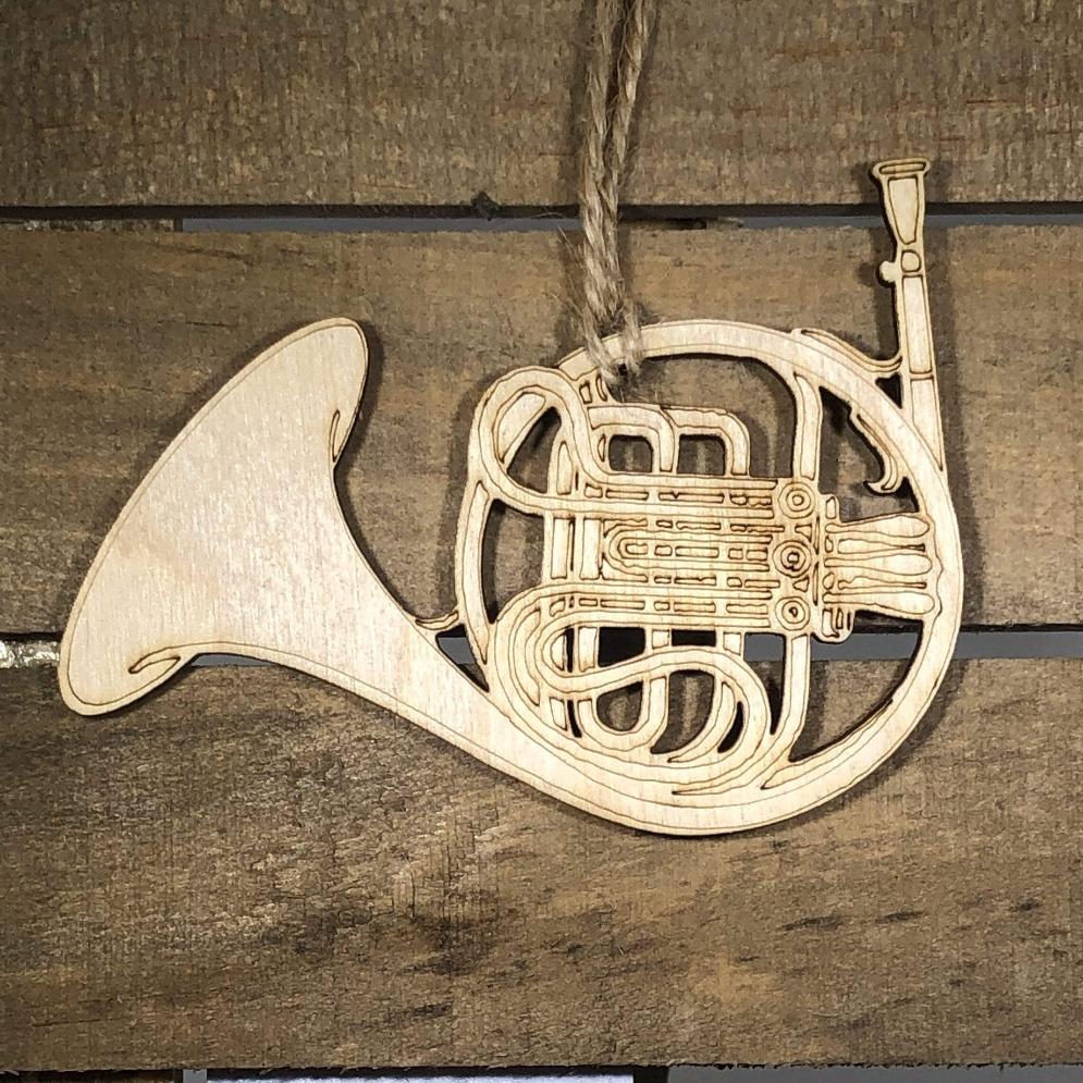 Hand-painted wooden French horn Christmas ornament featuring a detailed brass instrument design with coiled tubing and flared bell, festive holiday decor for band members and music lovers by Cate’s Concepts