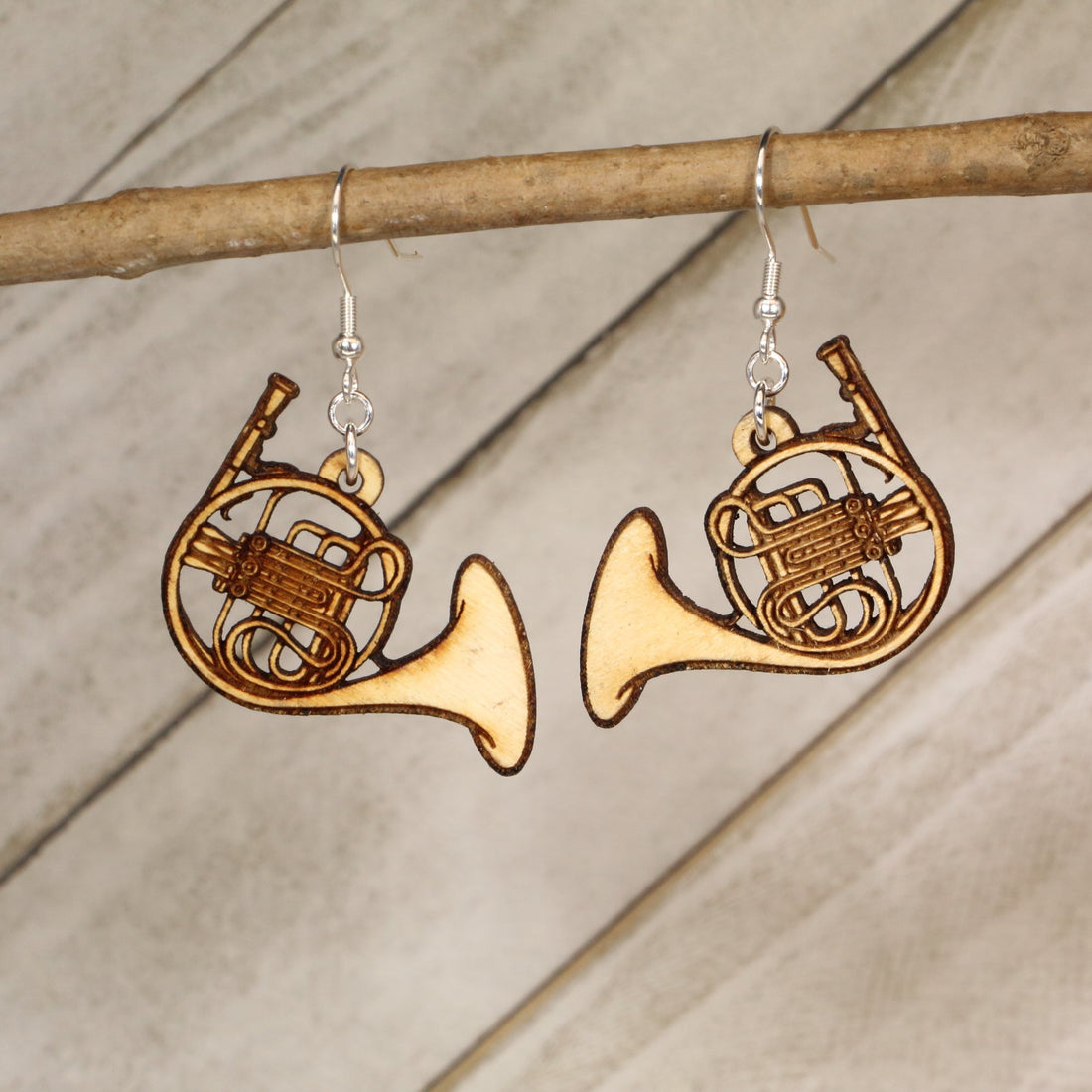 Hand-painted wooden French horn dangle earrings with detailed band instrument design and hypoallergenic sterling silver hooks, lightweight French horn statement jewelry earrings for musicians and band moms
