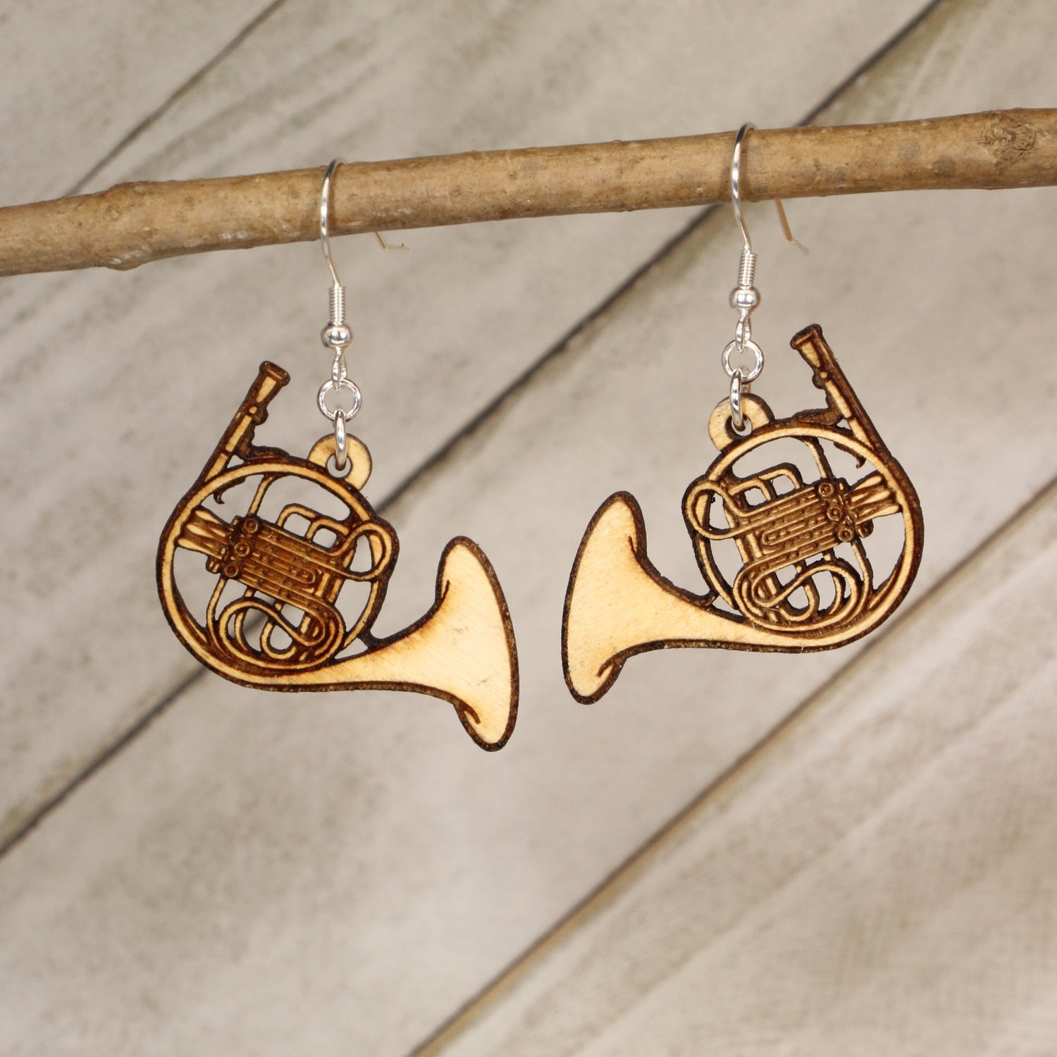 Hand-painted wooden French horn dangle earrings with detailed band instrument design and hypoallergenic sterling silver hooks, lightweight French horn statement jewelry earrings for musicians and band moms