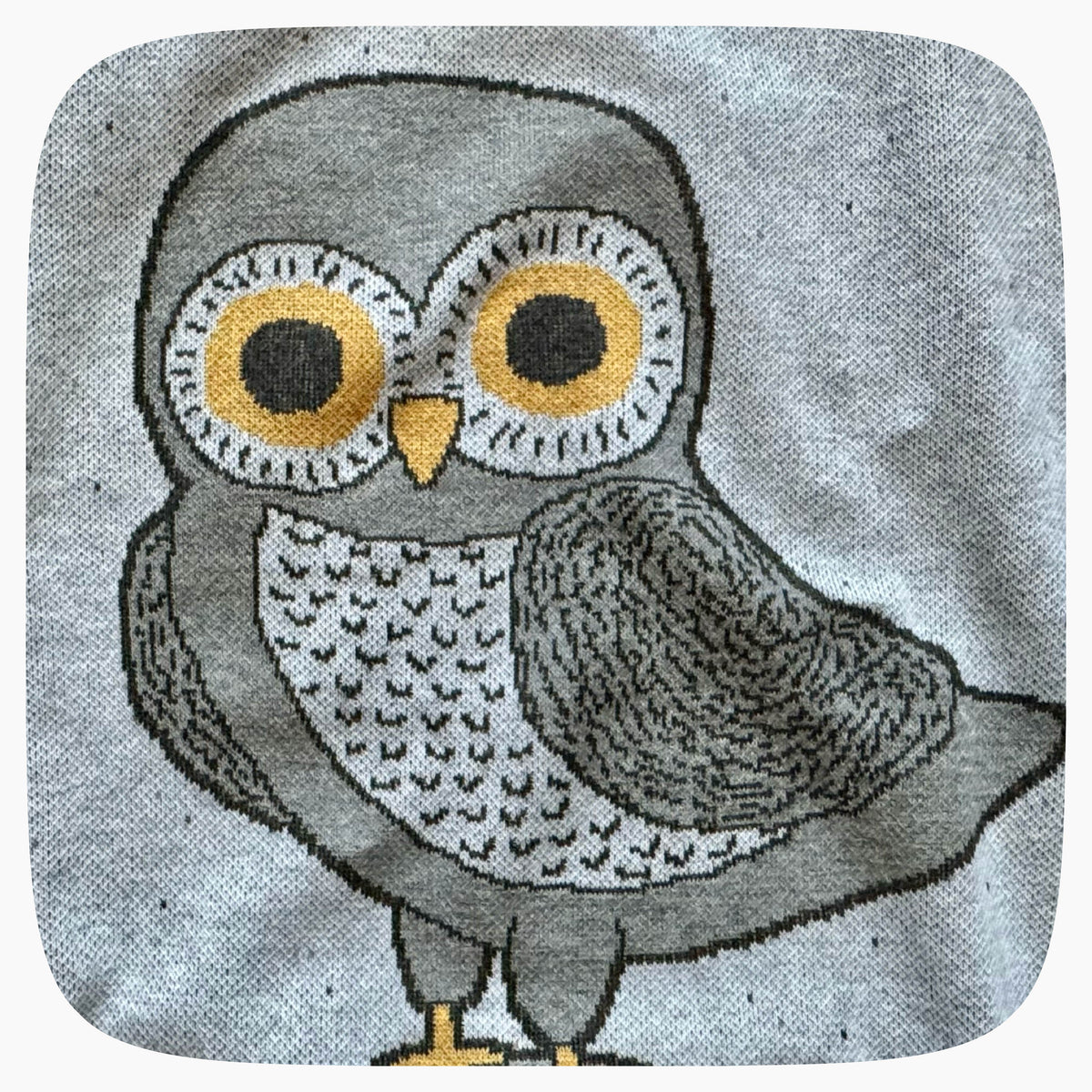 Detail of an owl knit design on a graphic knit sweater.