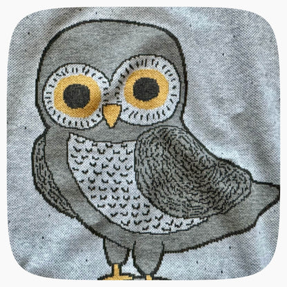 Detail of an owl knit design on a graphic knit sweater.
