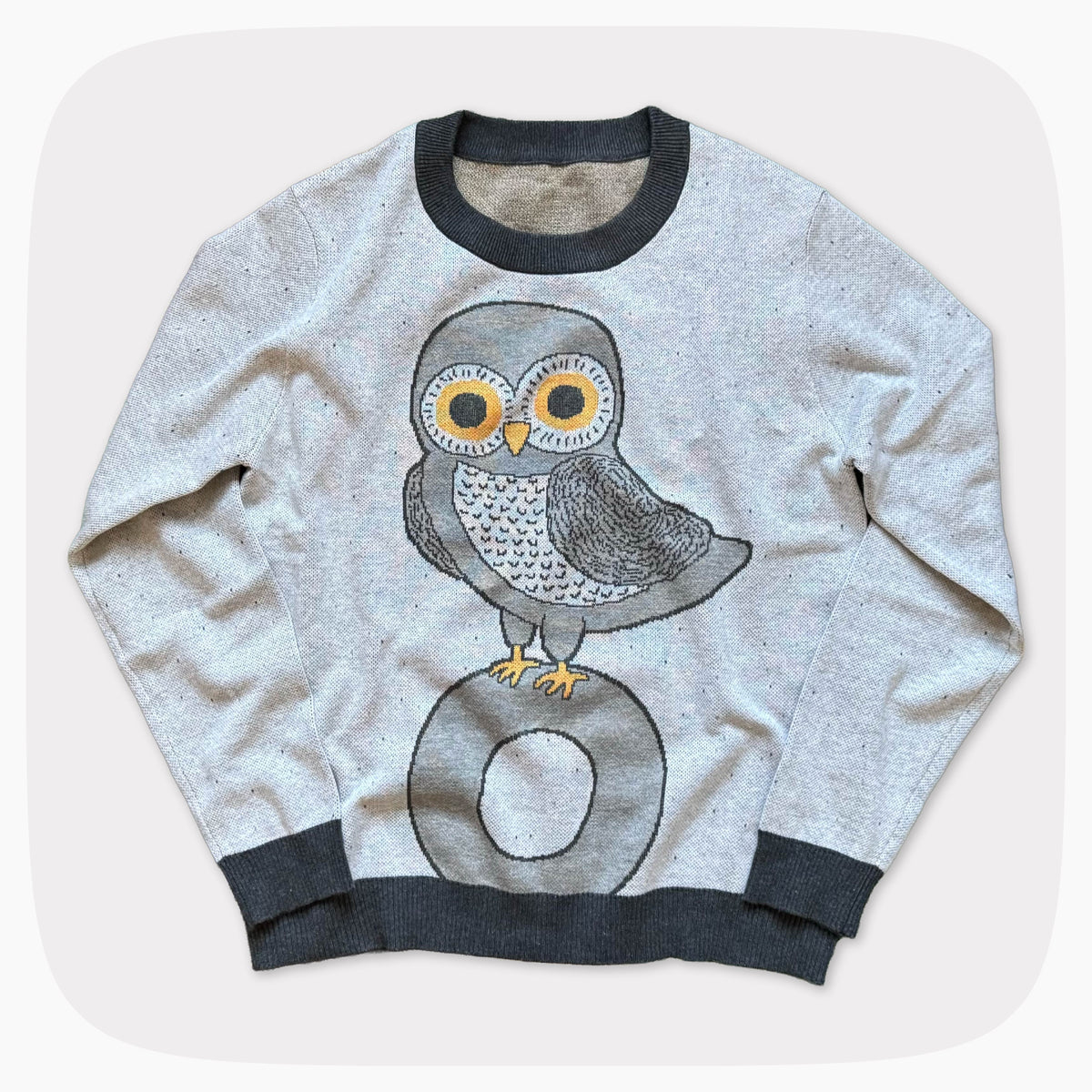 A gray graphic knit sweater with an owl standing on the letter O design.