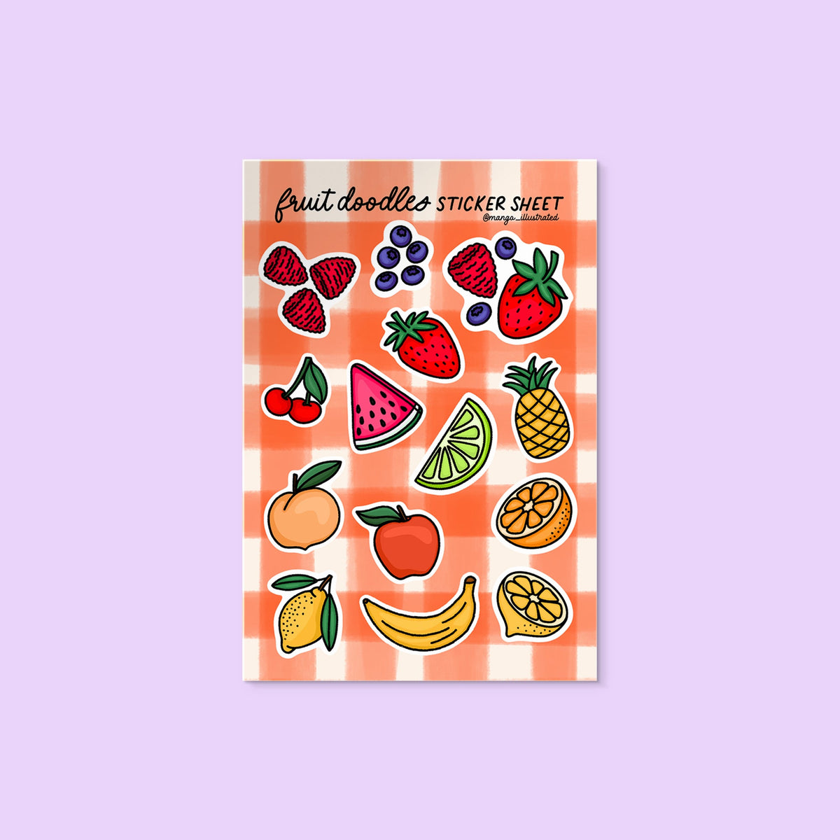 Fruit Doodles Sticker Sheet flat lay — illustrated fruit sticker sheet by indie artist MangoIllustrated