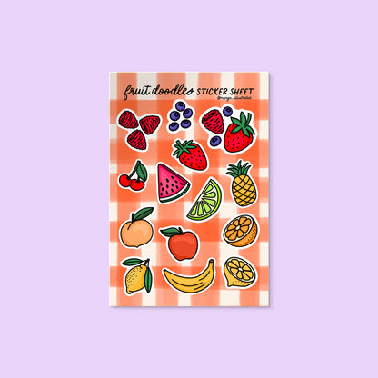 Fruit Doodles Sticker Sheet flat lay — illustrated fruit sticker sheet by indie artist MangoIllustrated