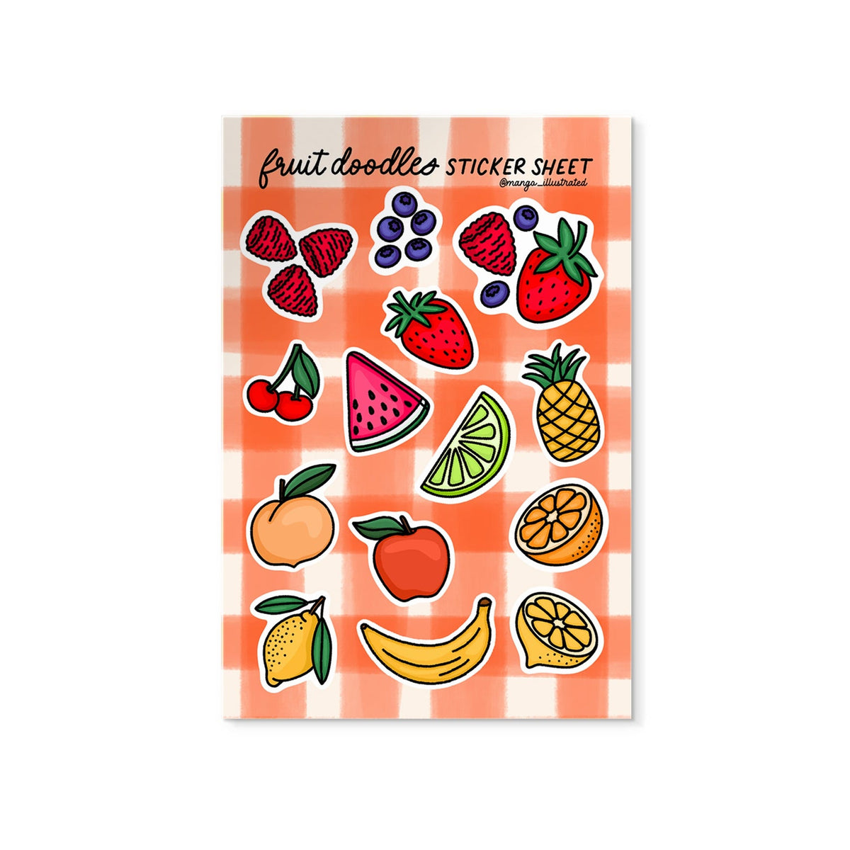 Fruit Doodles Sticker Sheet — 14 hand drawn fruit illustrated stickers on 4x6 in sheet by MangoIllustrated