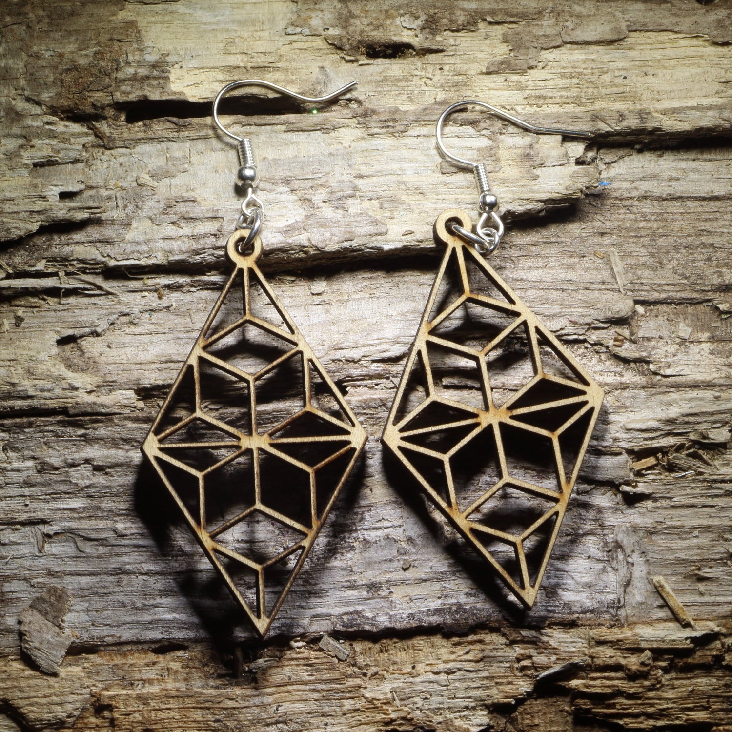 Geometric diamond wooden dangle earrings featuring an open angular diamond design, lightweight modern jewelry for geometric and minimalist style lovers