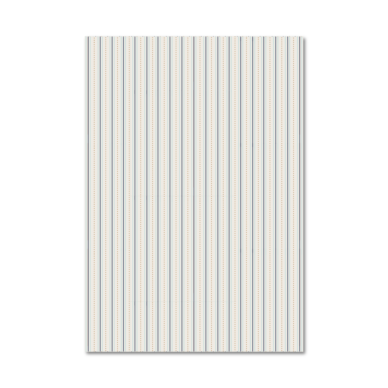Patterned gift wrap sheet with a navy, light blue and tan ticking stripe running vertically