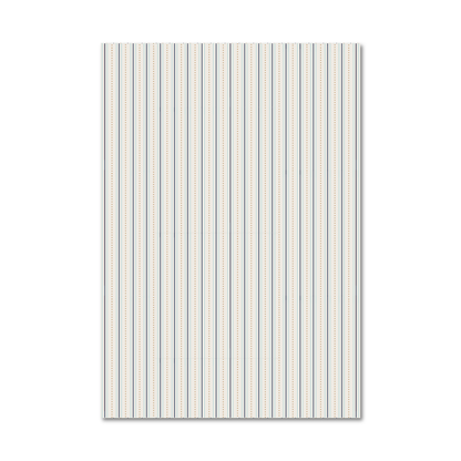 Patterned gift wrap sheet with a navy, light blue and tan ticking stripe running vertically