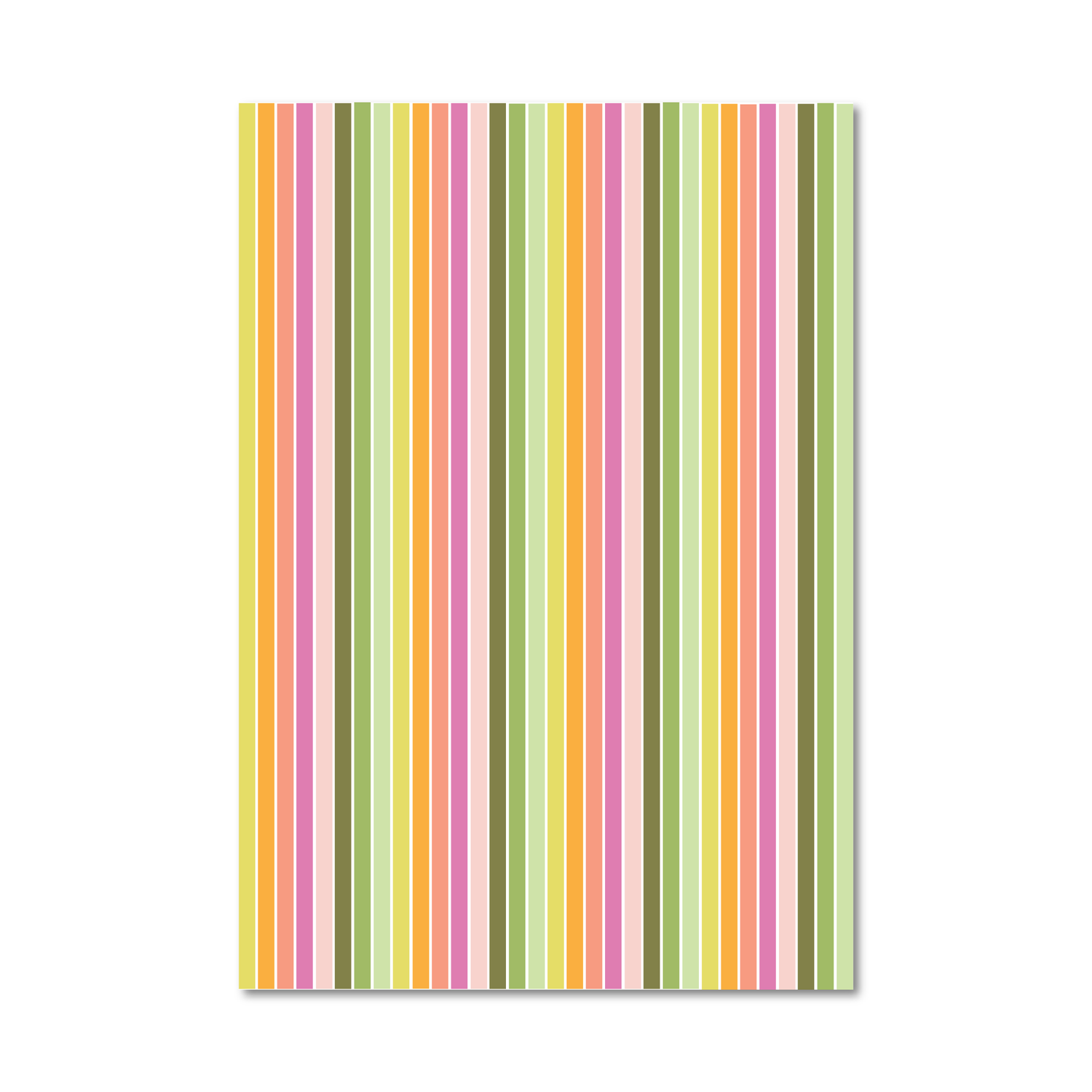 Gift wrap sheet with narrow vertical stripes in pastel yellow, pink, peach, orange, olive green, sage green, and cream, shown on a plain white background.