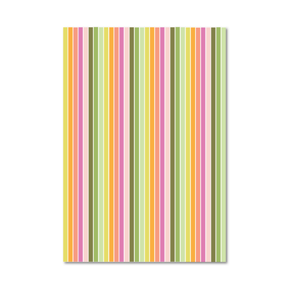 Gift wrap sheet with narrow vertical stripes in pastel yellow, pink, peach, orange, olive green, sage green, and cream, shown on a plain white background.
