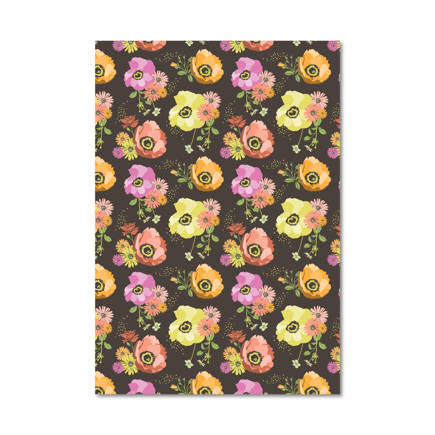 Gift wrap sheet featuring a repeating pattern of colorful flowers, including pink, yellow, orange, and purple blossoms with green leaves, set against a dark brown background. 