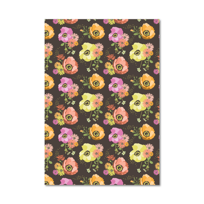 Gift wrap sheet featuring a repeating pattern of colorful flowers, including pink, yellow, orange, and purple blossoms with green leaves, set against a dark brown background. 