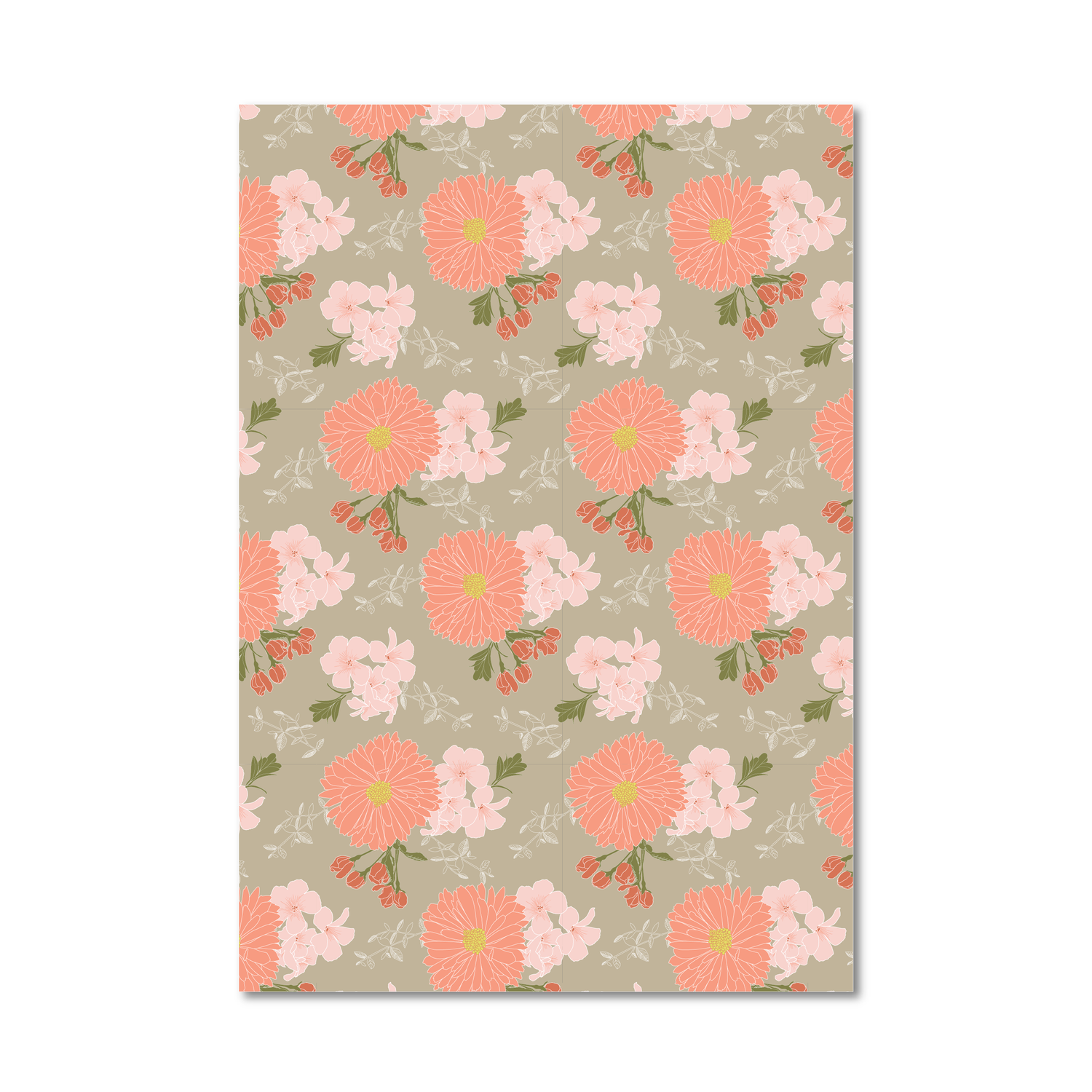 Gift wrap sheet with a repeating design of coral, pink, and light pink flowers with green stems on a warm beige background, shown against a plain white backdrop.