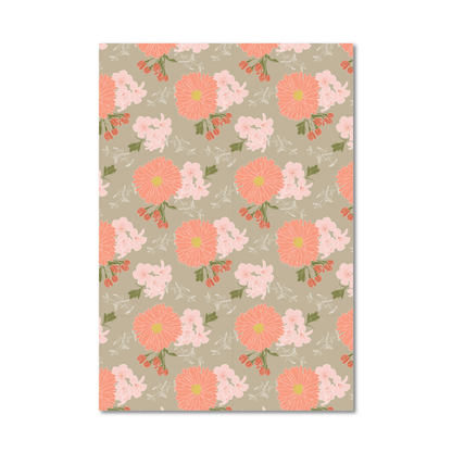 Gift wrap sheet with a repeating design of coral, pink, and light pink flowers with green stems on a warm beige background, shown against a plain white backdrop.