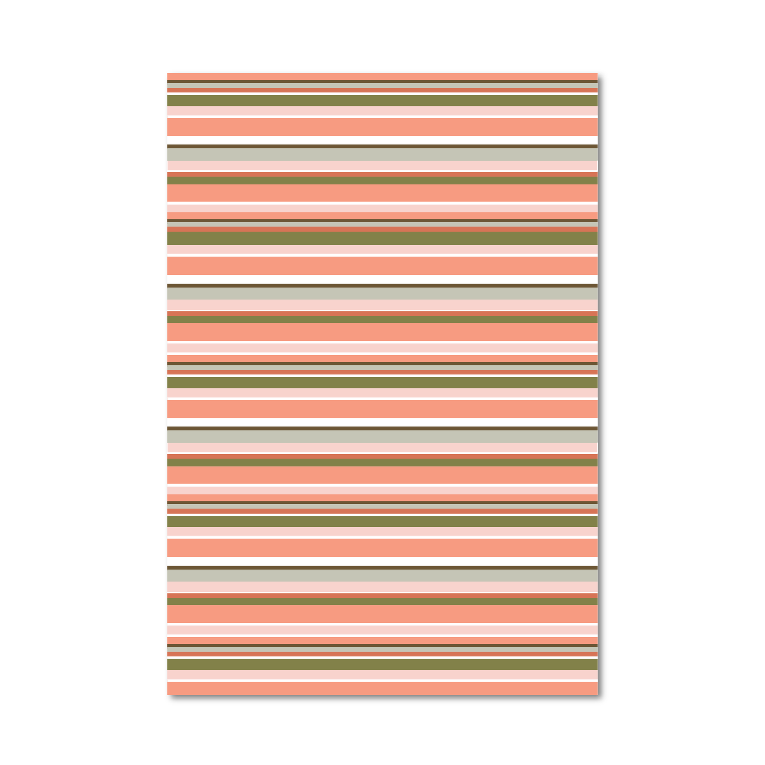 Gift wrap sheet featuring horizontal stripes in terracotta, peach, cream, beige, and brown on a white background.