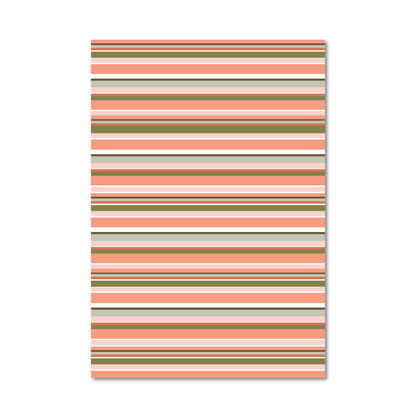 Gift wrap sheet featuring horizontal stripes in terracotta, peach, cream, beige, and brown on a white background.