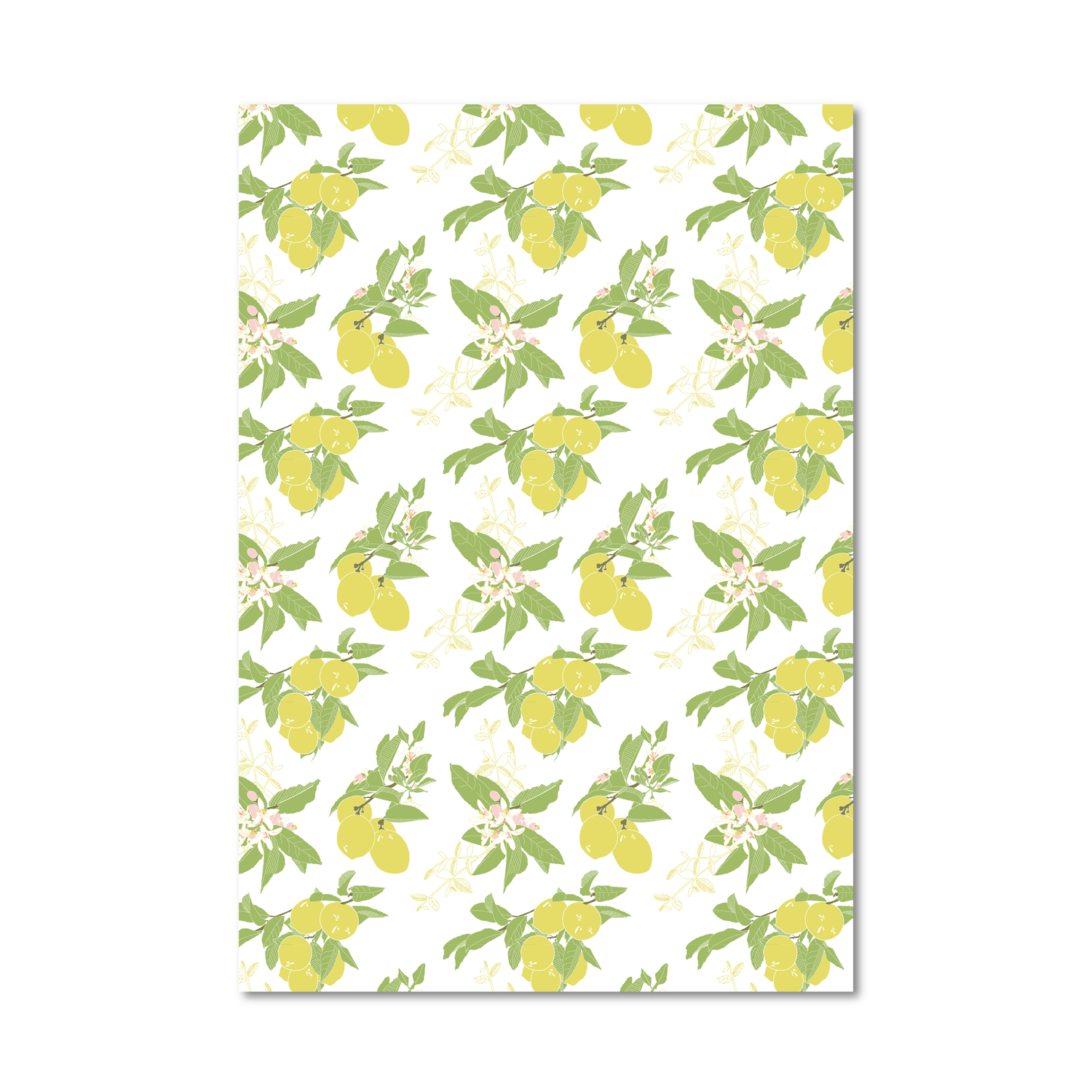 Gift wrap sheet featuring a repeating pattern of yellow lemons, green leaves, and small pale flowers on a white background, shown against a light gray studio backdrop.