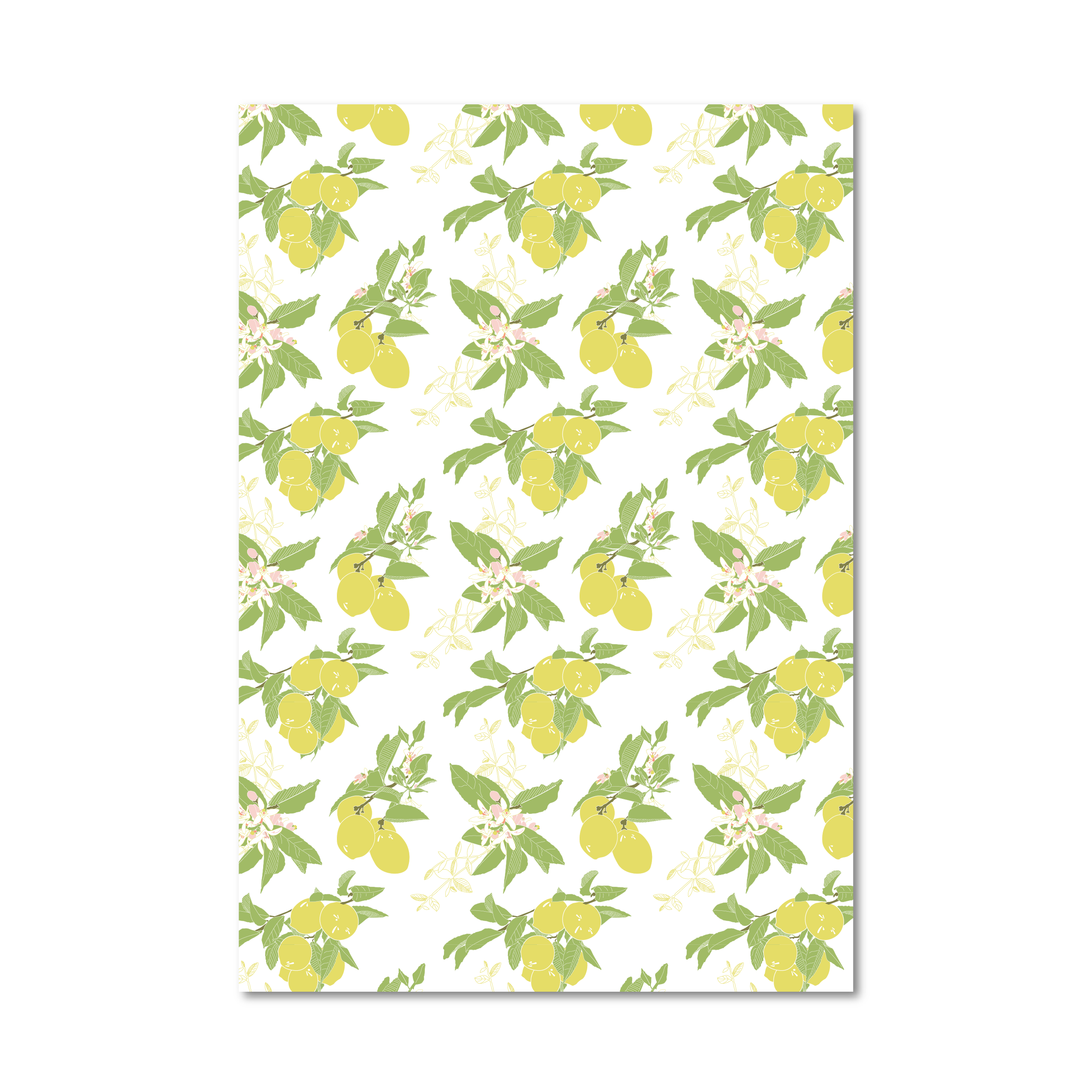 Gift wrap sheet featuring a repeating pattern of yellow lemons, green leaves, and small pale flowers on a white background, shown against a light gray studio backdrop.