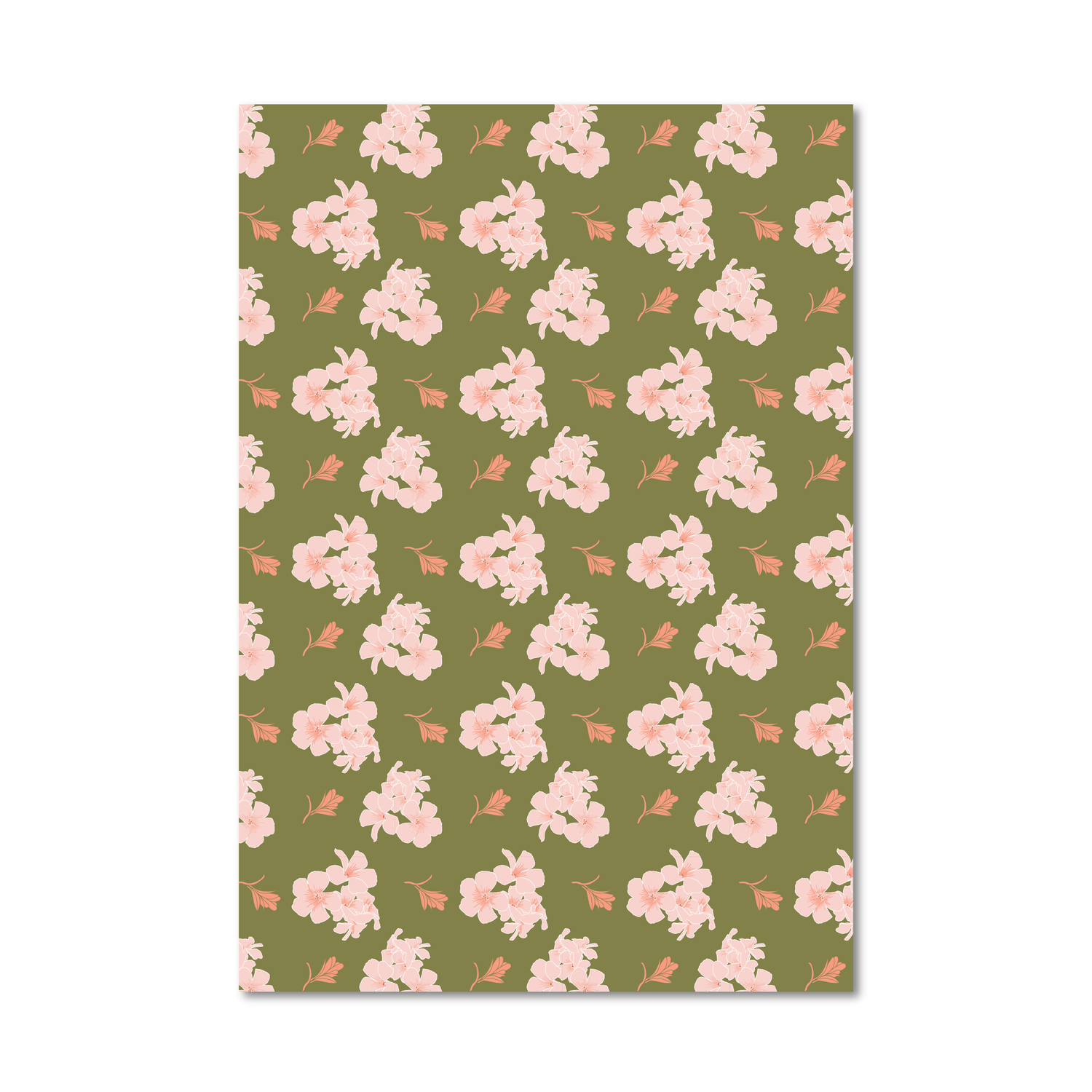 Wrapping paper sheet featuring a repeating pattern of light pink cherry blossoms on an olive green background, shown against a plain white backdrop.