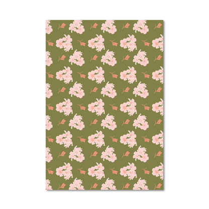 Wrapping paper sheet featuring a repeating pattern of light pink cherry blossoms on an olive green background, shown against a plain white backdrop.