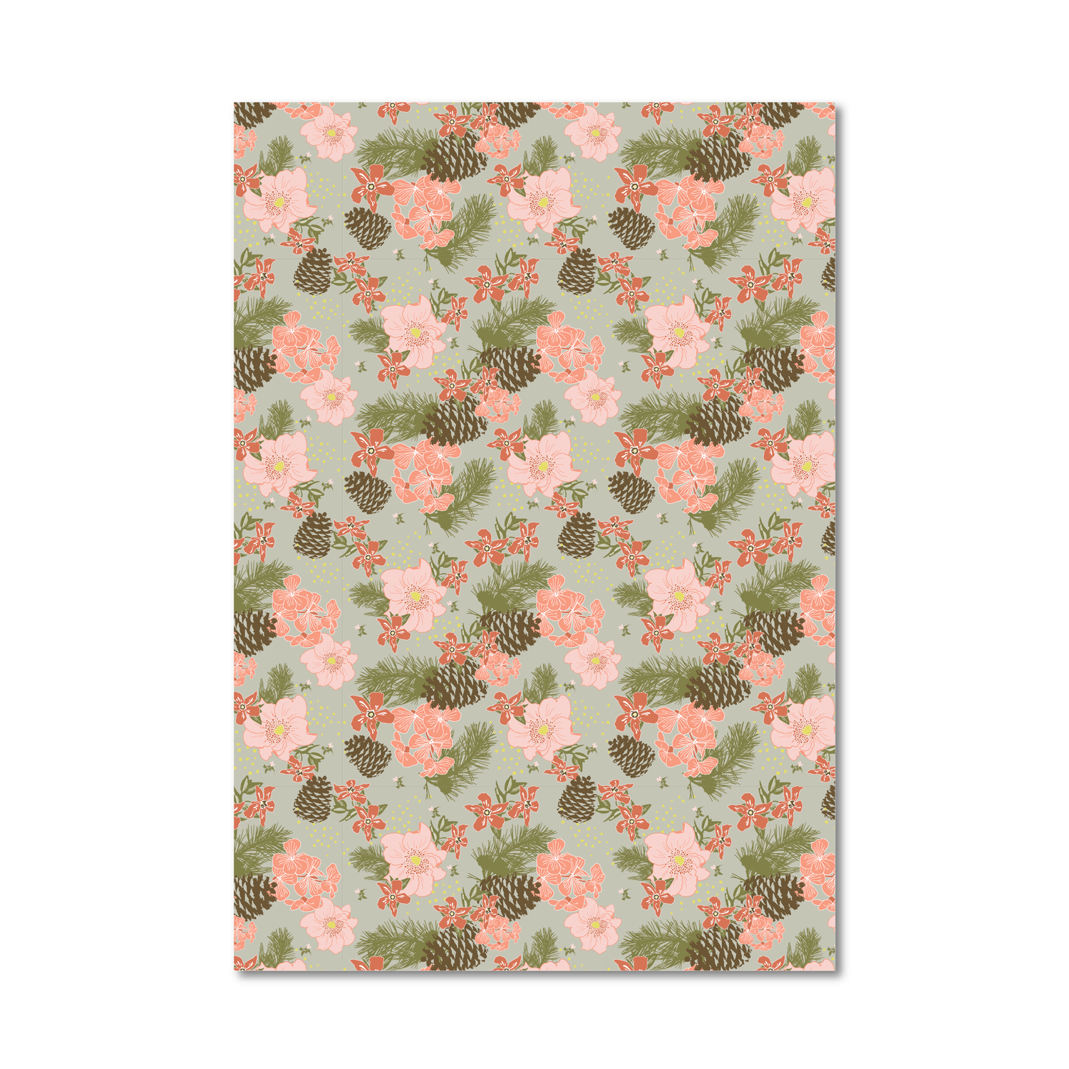 Gift wrap sheet with a repeating floral and pinecone pattern on a pale sage green background, shown against a plain white studio backdrop.